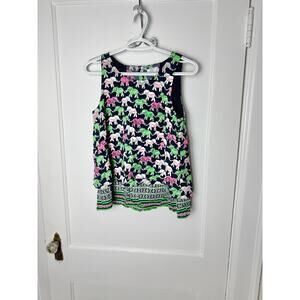 Crown & Ivy Tank Top Blouse Women's Petite Small Elephant Pink Green Preppy